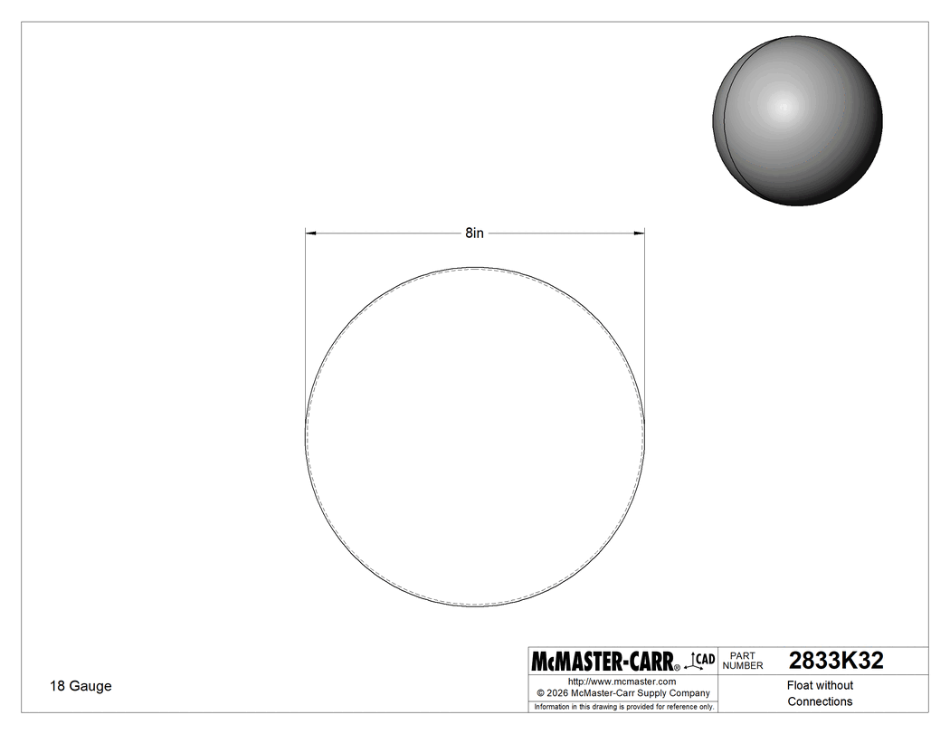 Technical Drawing of Float without Connections, 304 Stainless Steel, 8" Diameter.